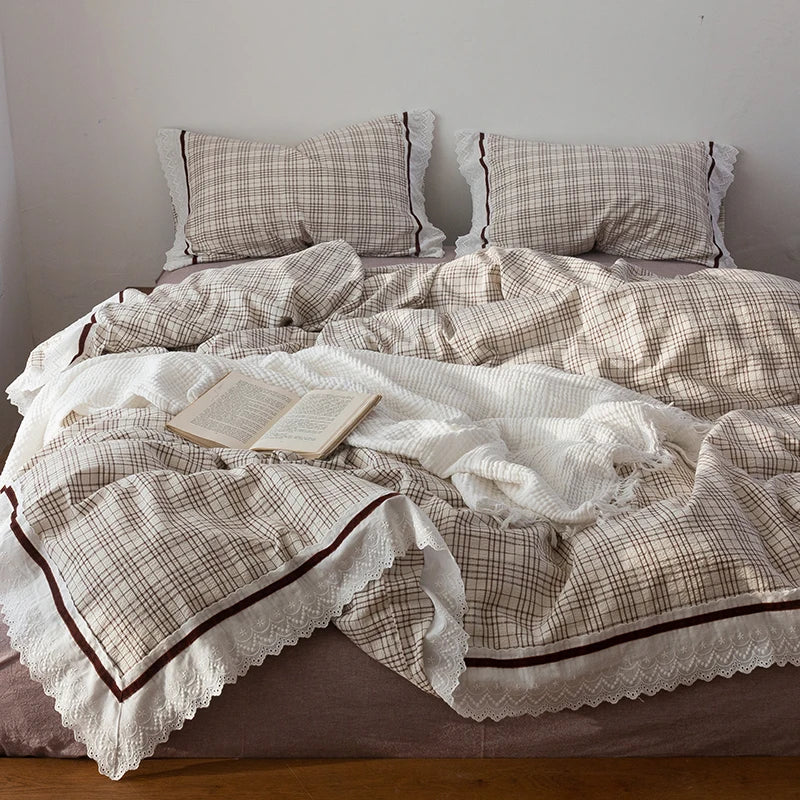 Afralia™ Korean Seersucker Lace Ruffles Bedding Set for Girls