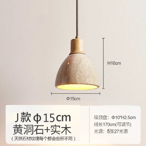 Afralia™ Japanese Wooden Stone Chandelier Pendant Light, Wabi-Sabi Style Yellow Cavity-Stone Lamp