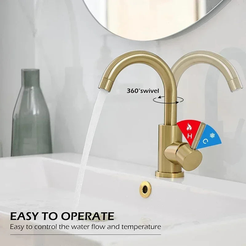 Afralia™ Gold Stainless Steel Basin Faucet with Single Handle for Bathroom Sink