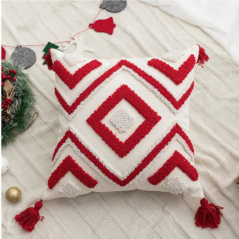 Afralia™ Red Geometric Merry Christmas Embroidered Cushion Cover, Tufted Holiday Party Decor