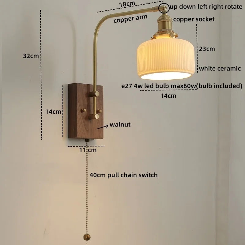 Afralia™ Glass Walnut LED Wall Lamp with Pull Chain Switch - Modern Home Decor