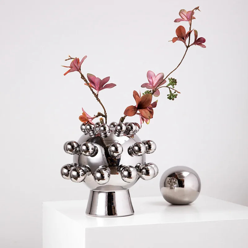 Afralia™ Silver Ceramic Geometric Sphere Vase Home Decoration Accessory