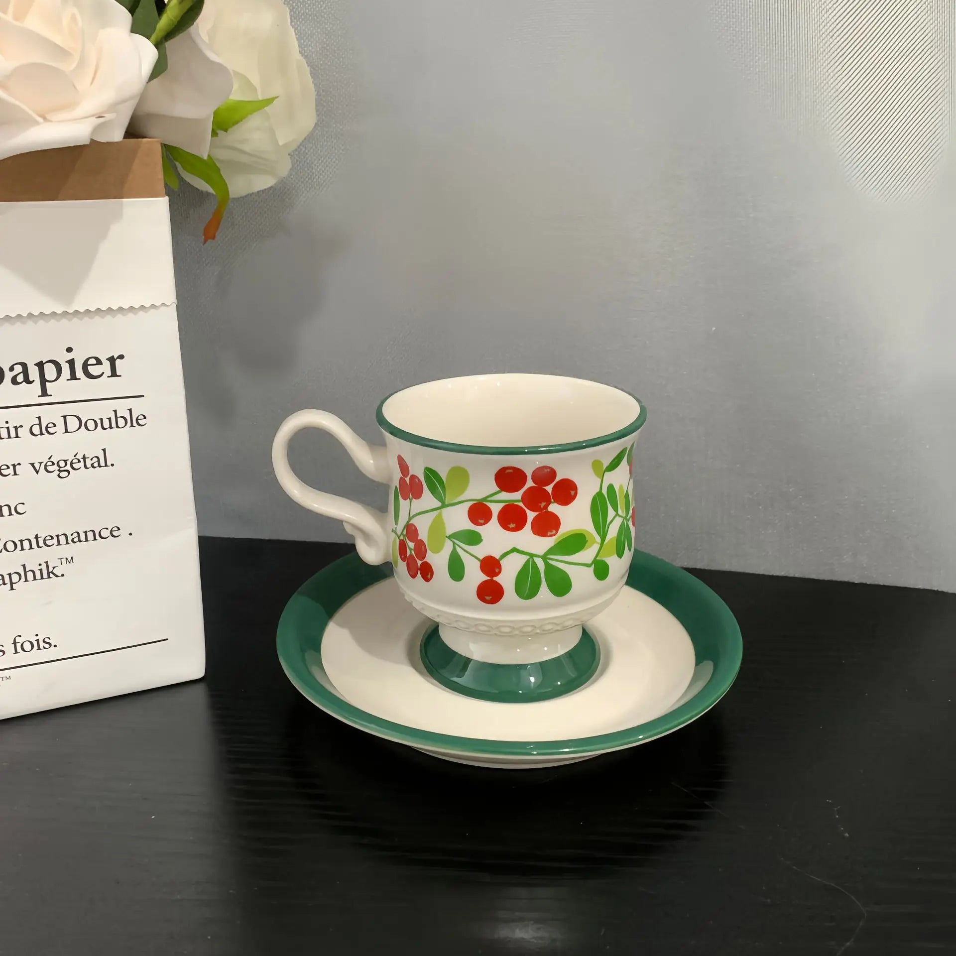 Afralia™ Flower Fruit Ceramic Cup&Saucer Set Dining Coffee Tea Milk Mugs.