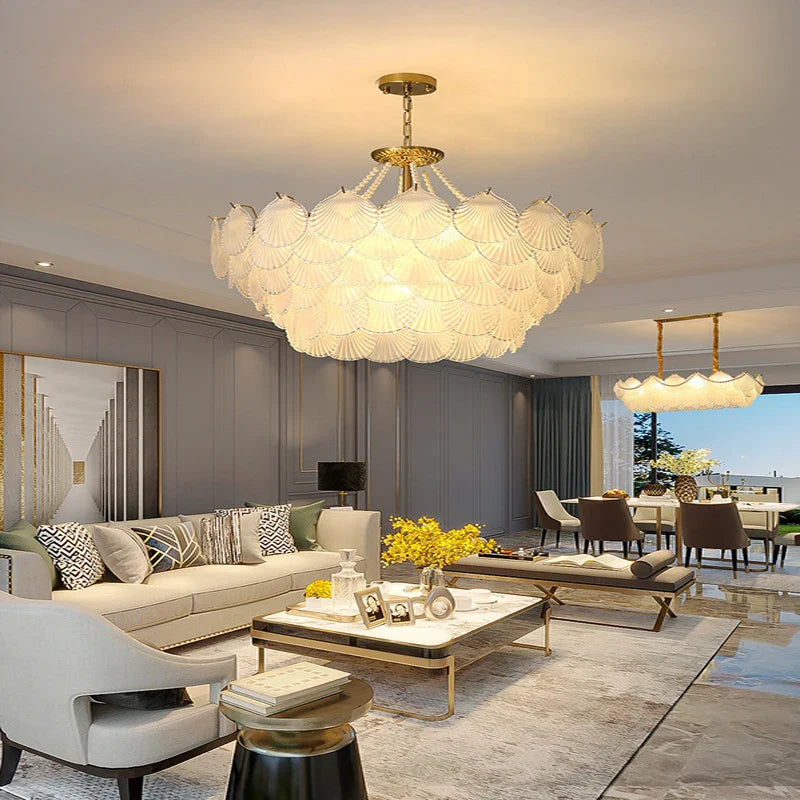 Afralia™ Shell Glass Gold Lustre LED Chandelier - Luxury Hanging Lamp