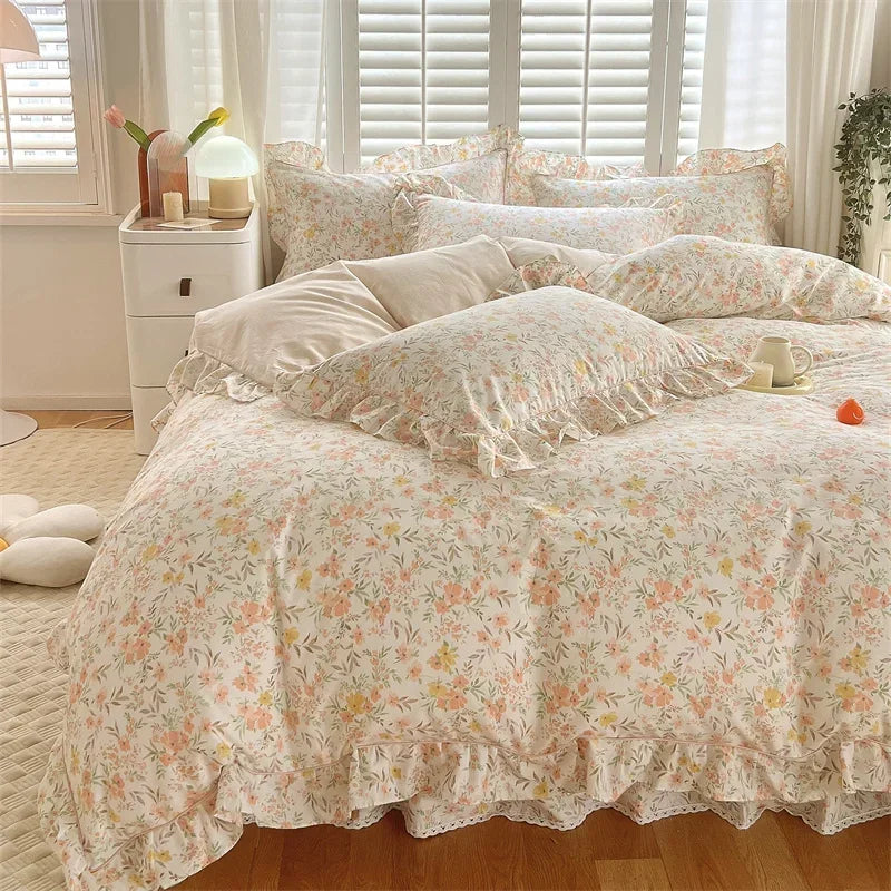 Afralia™ Floral Princess 100% Cotton Duvet Set for Queen Size Bed