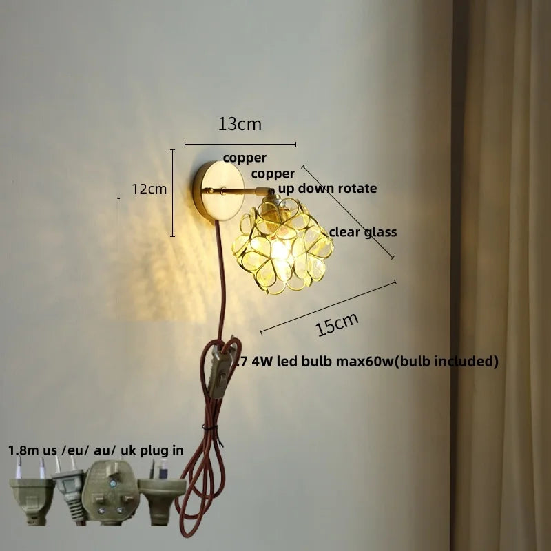 Afralia™ Pink Flower Glass Wall Light Fixture for Bedroom with Pull Chain Switch