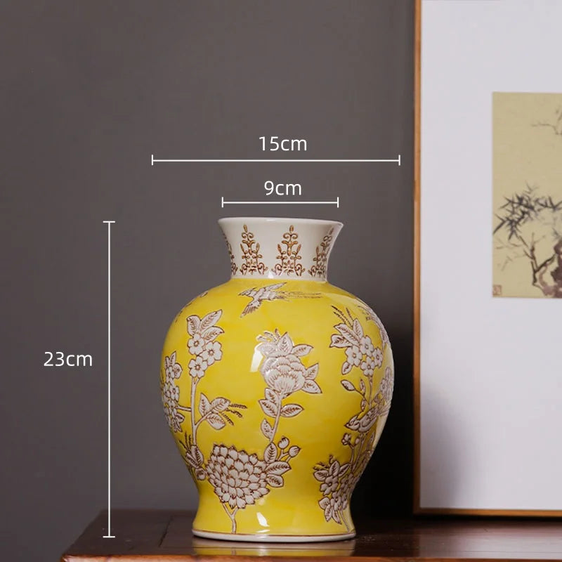 Afralia™ Yellow Ceramic Qinghua Porcelain Vintage Flower Vase