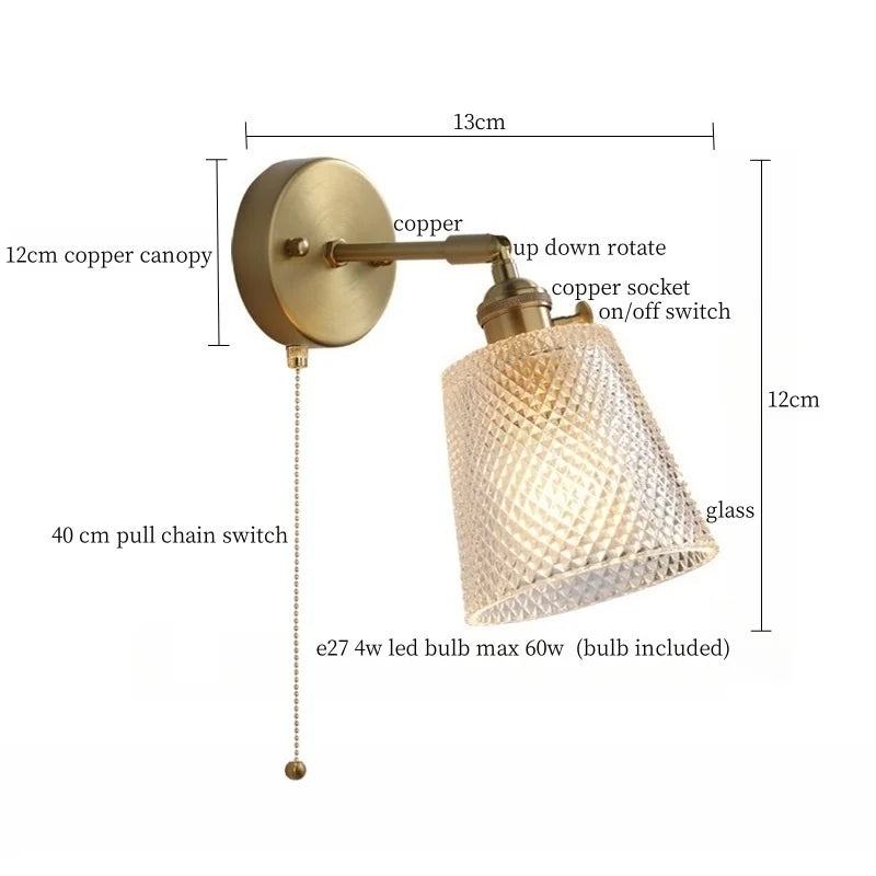 Afralia™ Clear Brass Glass LED Wall Lamp Pull Chain for Living Room Bedroom Loft