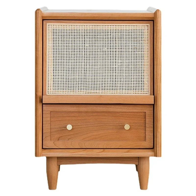 Afralia™ Rattan Weave Nightstand with Solid Wood Top, Multifunctional Bedside Storage Cabinet