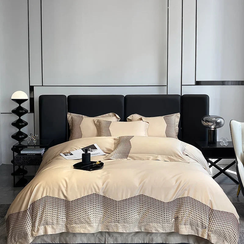 Afralia™ 1000TC Cotton Embroidery Luxury Bedding Set in Blue White Champagne