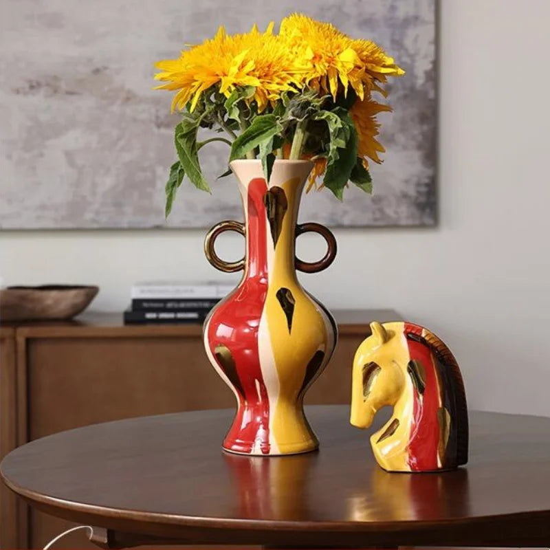 Afralia™ Geometric Horse Head Ceramic Vase & Animal Statue Home Decor