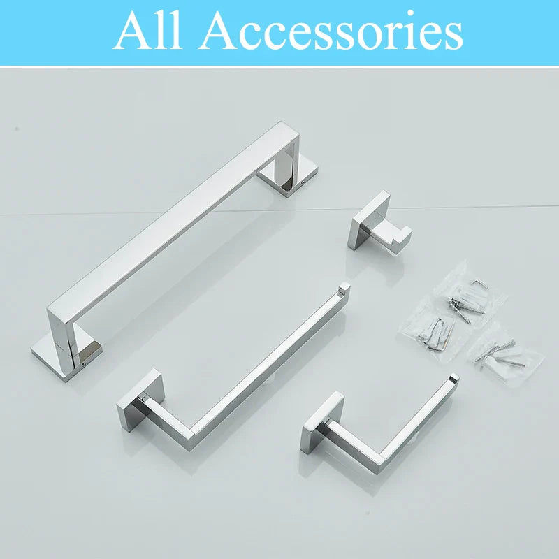 Afralia™ Chrome/Brushed Bathroom Hardware Set: Robe Hook, Towel Rail, Bar, Shelf, Holder.