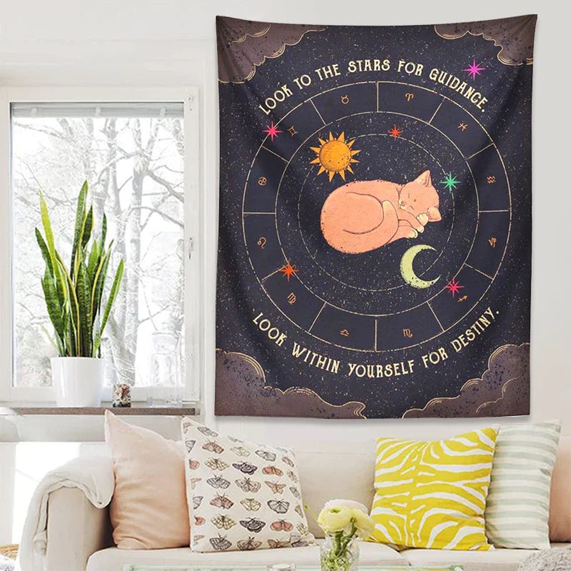 Afralia™ Tarot Cat Zodiac Astrology Sun Moon Wall Hanging Tapestry for Home Decor