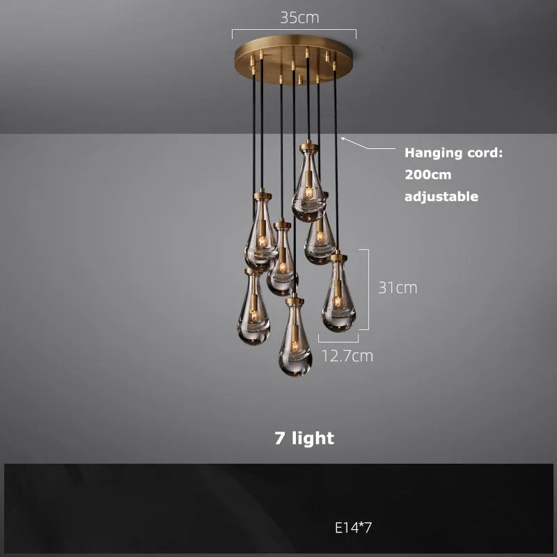 Afralia™ Brass Teardrop Pendant Chandelier with Black/Gold Glass - LED Living Room Staircase Light