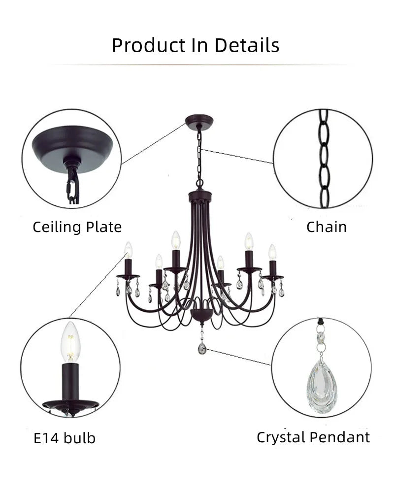 Afralia™ Black Iron Chandelier with Crystal Pendant for Home Lighting