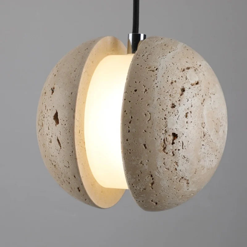 Afralia™ Yellow Travertine Stone LED Pendant Lights for Kitchen Living Room, Japanese Vintage Design