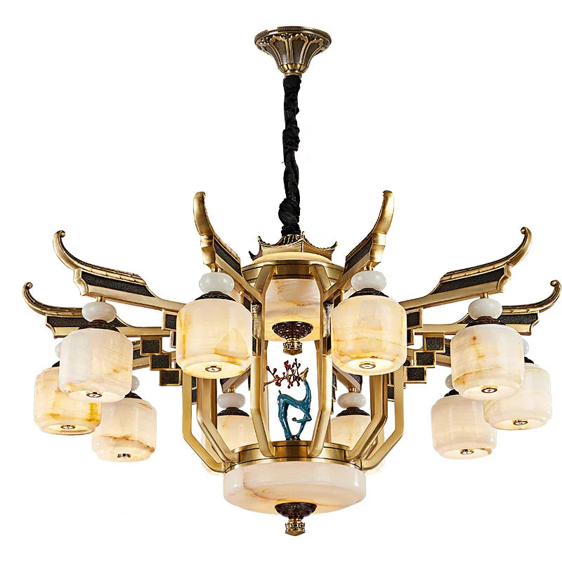 Afralia™ All Copper Jade Chandelier for Villa Living Room, Dining Room - Chinese Style Duplex Copper Lamp