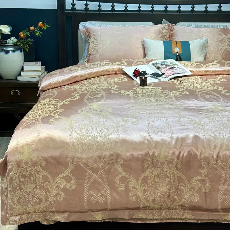 Afralia™ Blue Satin Jacquard Queen Duvet Cover Set with Sheet & Pillowcases