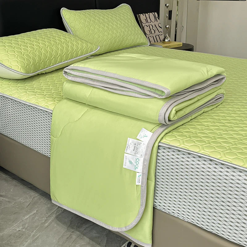 Afralia™ Silk Summer Blanket Set: Latex Fitted Sheet, Pillowcase, Queen Lightweight Comforter
