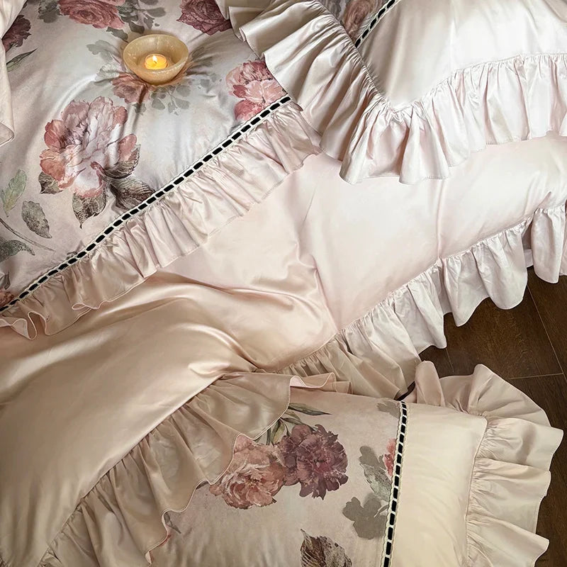 Afralia™ Rose Ruffles Bedding Set in Egyptian Cotton - Double Queen King Sizes