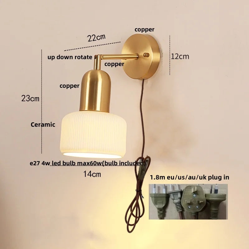 Afralia™ Rotatable Ceramic LED Wall Sconce Nordic Walnut Wood Bedside Lamp
