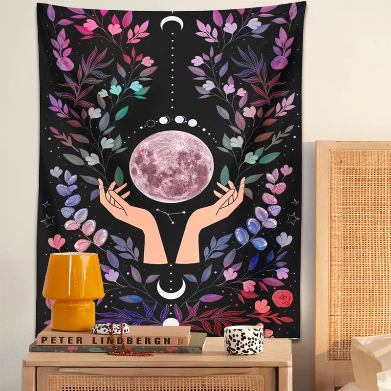 Afralia™ Botanical Moon Tapestry: Psychedelic Boho Wall Art for Magic Crystal Altar & Chakra