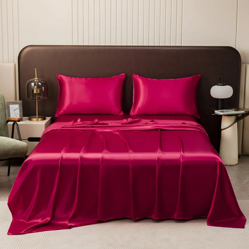 Afralia™ Satin Flat Sheet and Pillowcase Set | Silky Solid Color Bedding for Full Queen King Size
