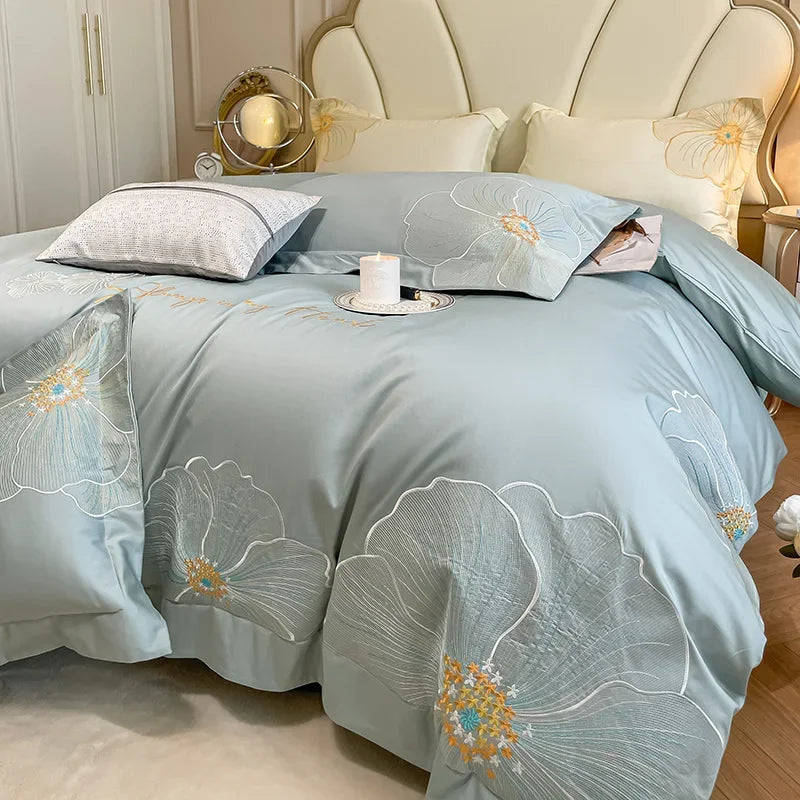 Afralia™ Embroidered Egyptian Cotton Bedding Set for King Queen RU Bed Linens