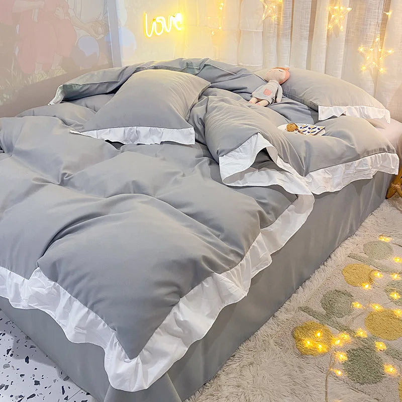 Afralia™ Pure Cotton Ruffle Edge Bedding Set in Solid Color, All Seasons, Single Queen Bed