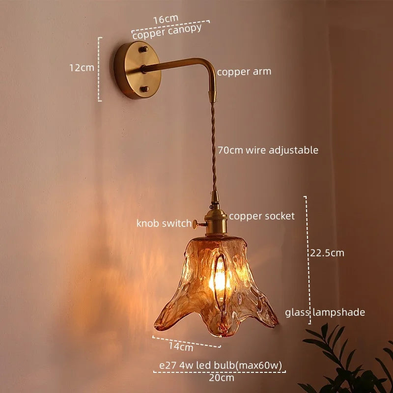 Afralia™ Japanese Style LED Wall Lamps Living Room Coffee Balcony Stair Light Copper Glass