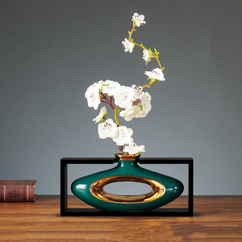 Afralia™ Chinese Style Ceramic Vase in Wooden Frame for Modern Home Decor