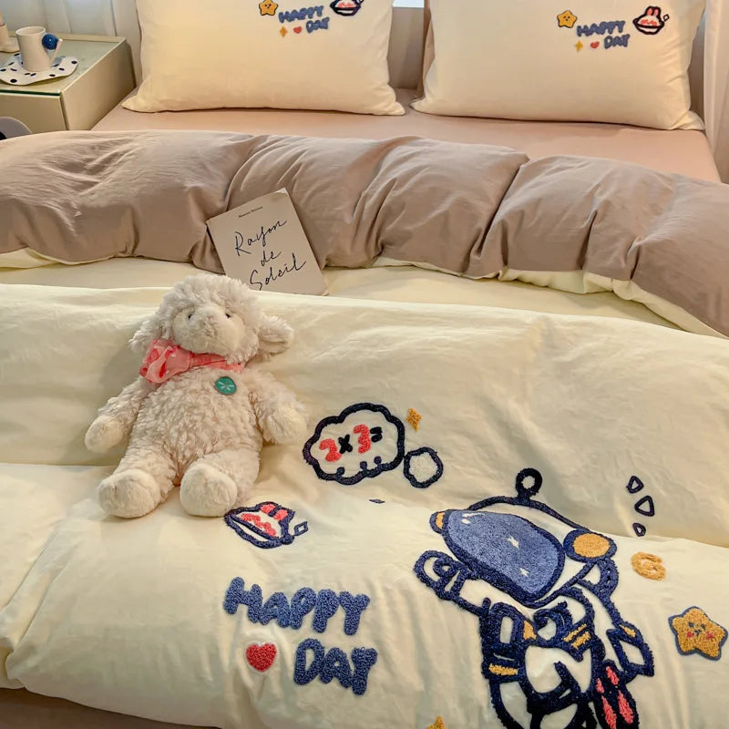 Afralia™ Cartoon Pattern Embroidered Bedding Sets: Cozy, Soft, and Breathable for Kids and Adults