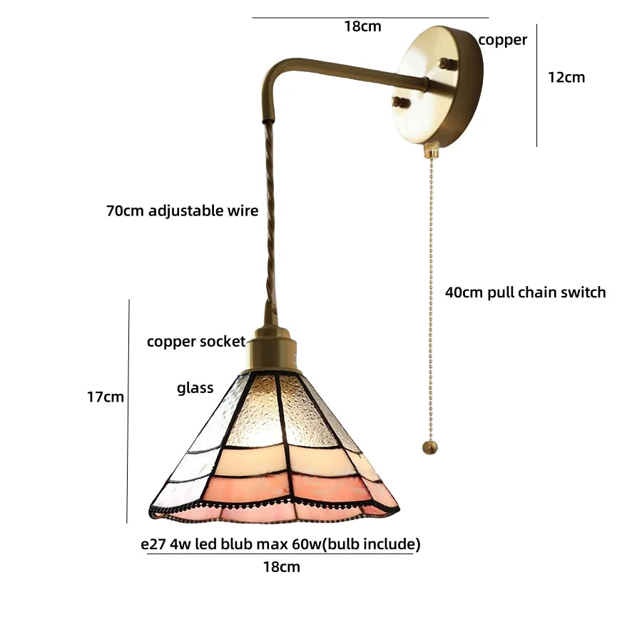 Afralia™ Tiffany Glass LED Wall Sconce | Adjustable Wire Fixture | Modern Pull Chain Switch