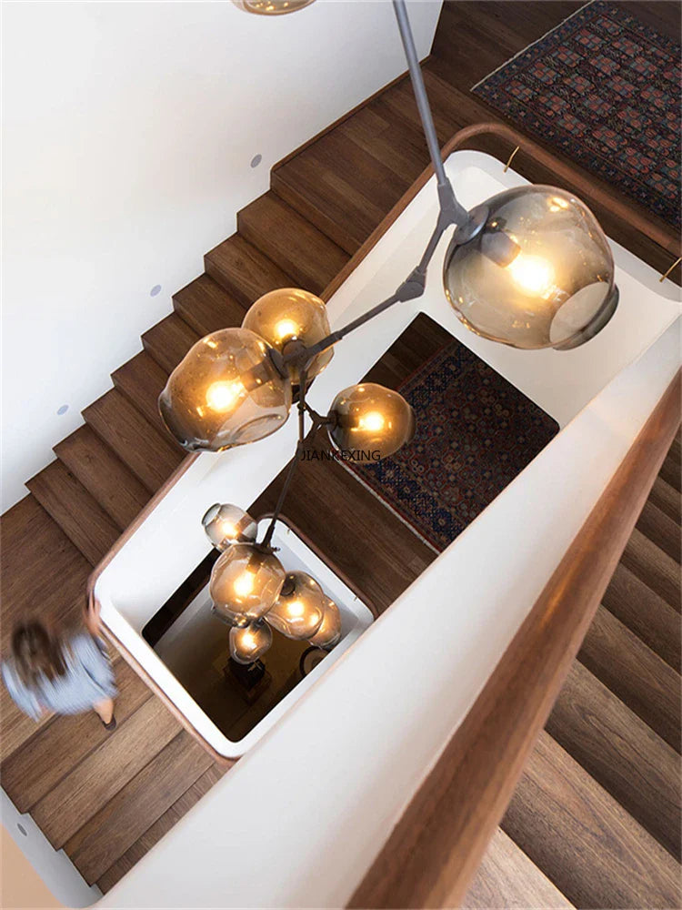 Afralia™ Glass Branching Staircase Chandelier with LED Multi-Color Lampshades.