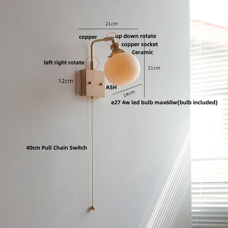 Afralia™ Nordic LED Wall Light with Pull Chain Switch, Rotatable Design in Walnut Copper & Ceramic