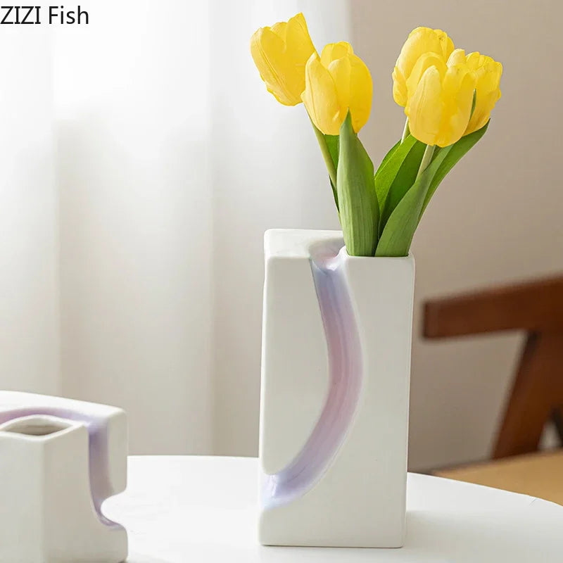 Afralia™ Geometric Blocks Vase: Gradient Color Desk Decoration with Artificial Flowers