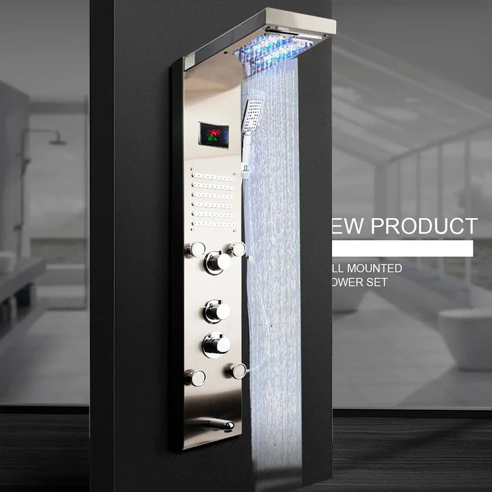 Afralia™ Dark Grey LED Shower Panel Column with Rainfall Waterfall Spa Jets