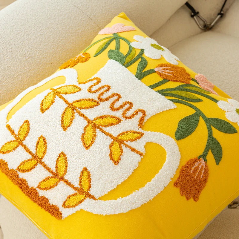 Afralia™ Elegant Yellow Vase Flower Cushion Cover - 45x45cm