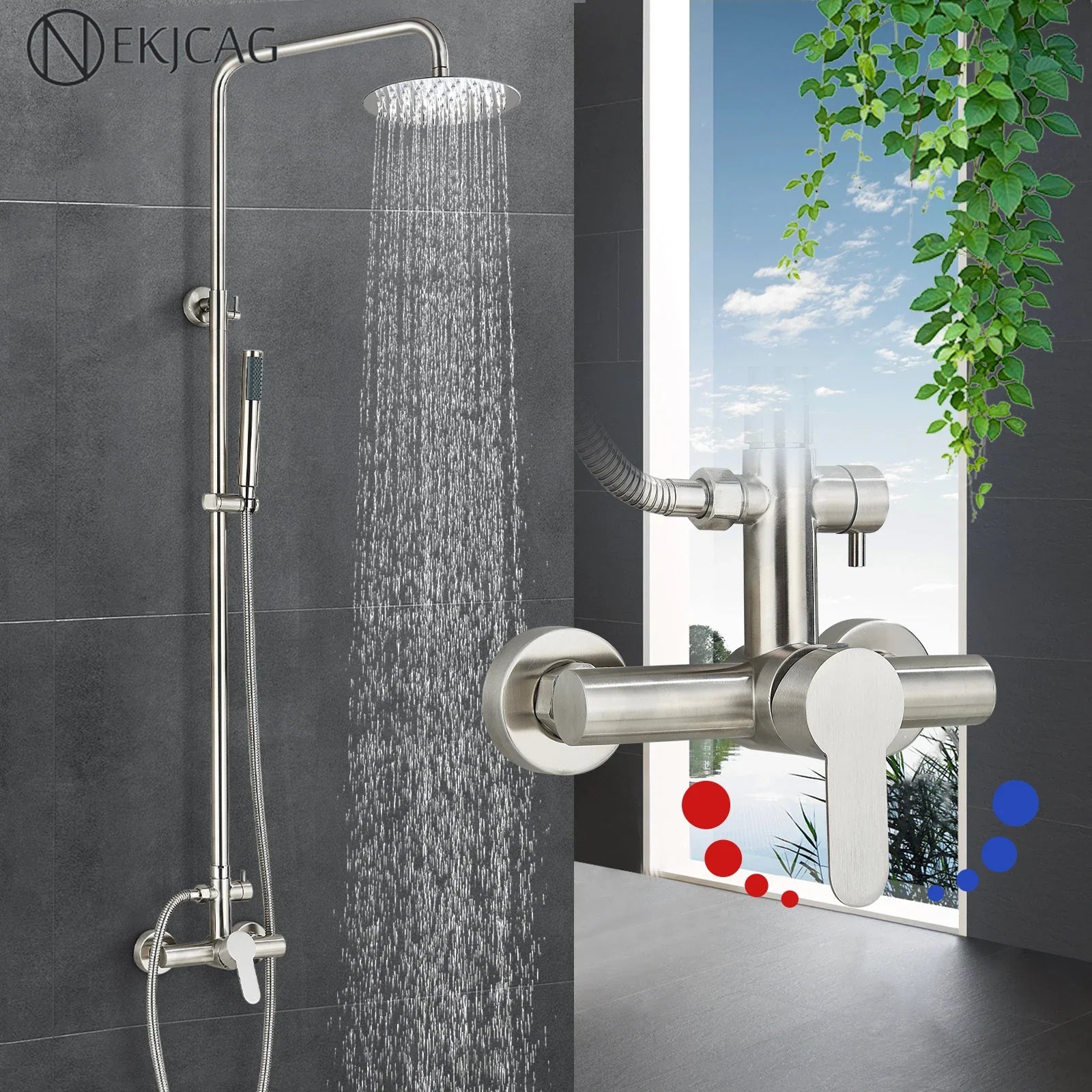Afralia™ Brushed Nickel Rainfall Shower System with Hot Cold Mixer for Wall Mount