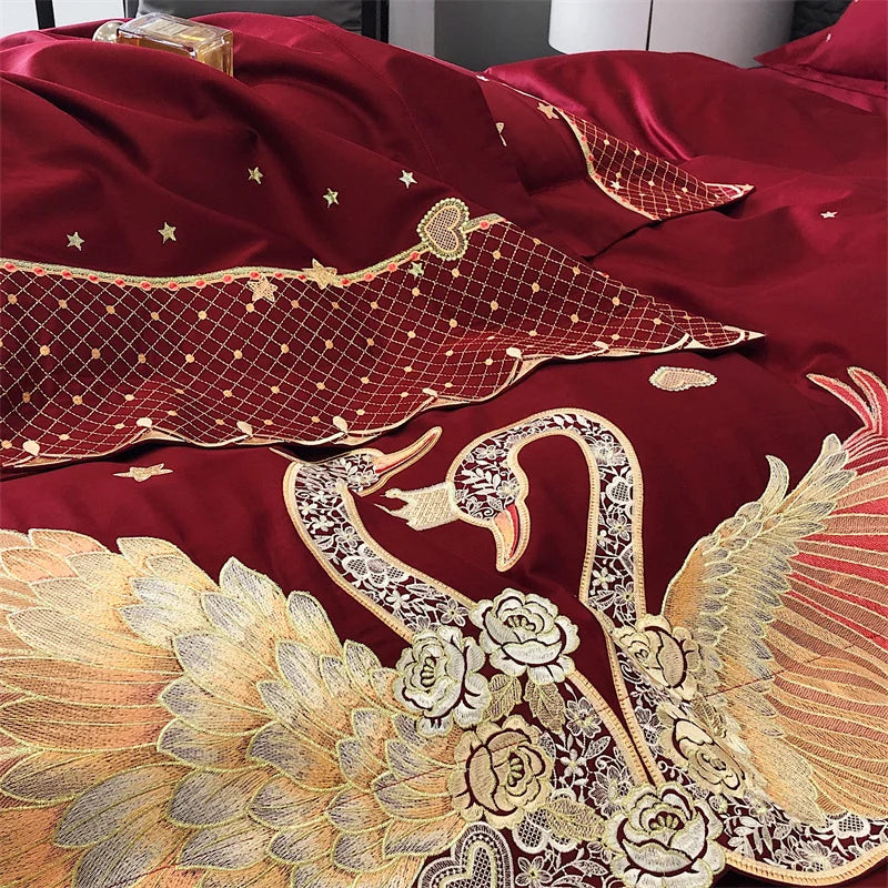 Afralia™ Gold Swan Love Wedding Bedding Set, Egyptian Cotton, 1000TC, 4 or 6Pcs