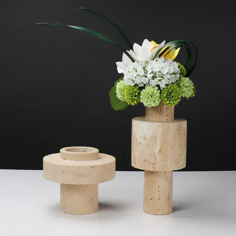 Afralia™ Beige Travertine Stone Vase for Living Room Hotel Dining Table