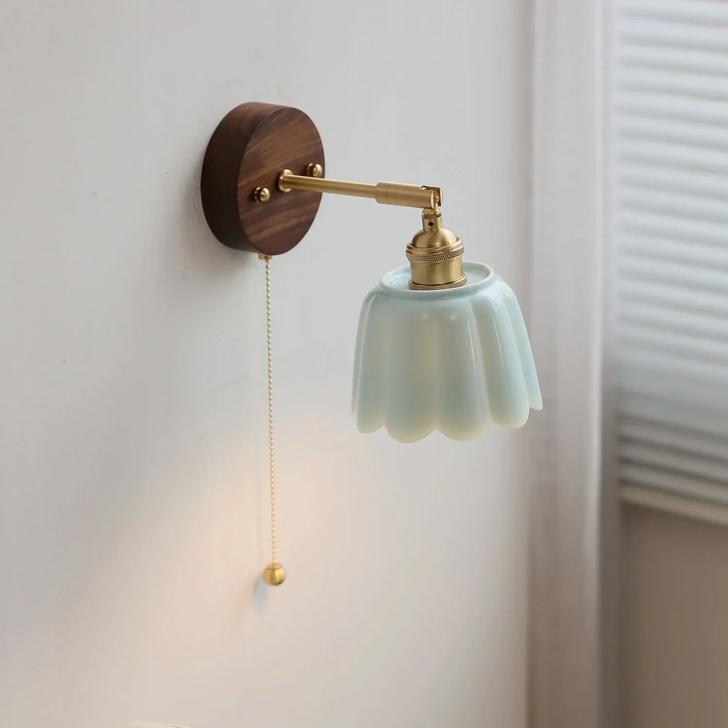 Afralia™ White Flower Ceramic LED Wall Sconce with Wood Base and Copper Rotate