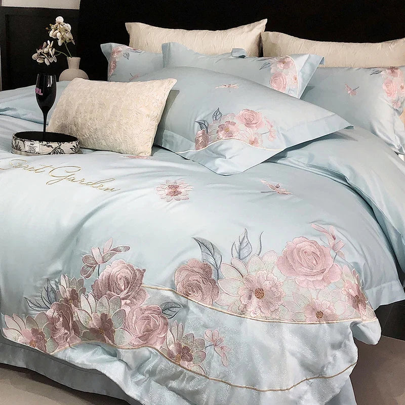 Afralia™ Luxury Flowers Embroidery Bedding Set 600TC Egyptian Cotton Duvet Cover Queen King Size