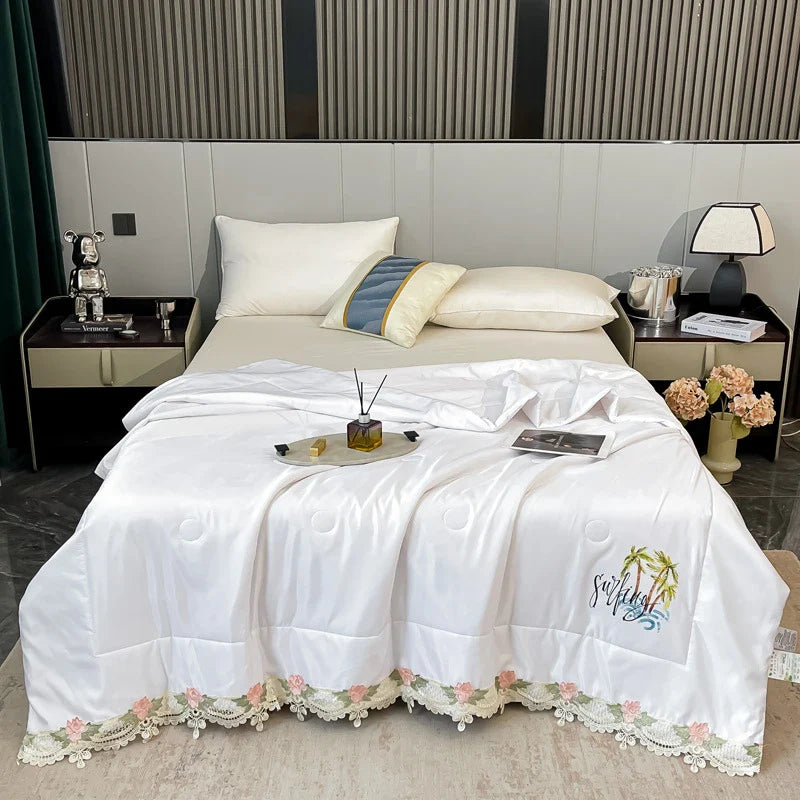 Afralia™ Lace Edge Flowers Embroidery Cool Blanket for Bed - Machine Washable Summer Quilt