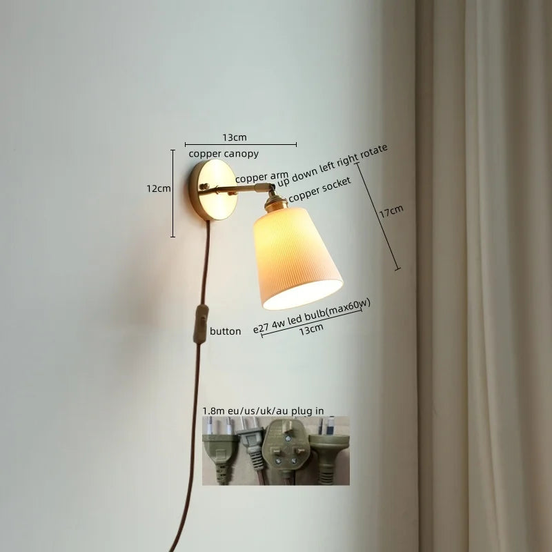 Afralia™ Vintage Ceramic LED Wall Sconce Light with Copper Pull Chain Switch