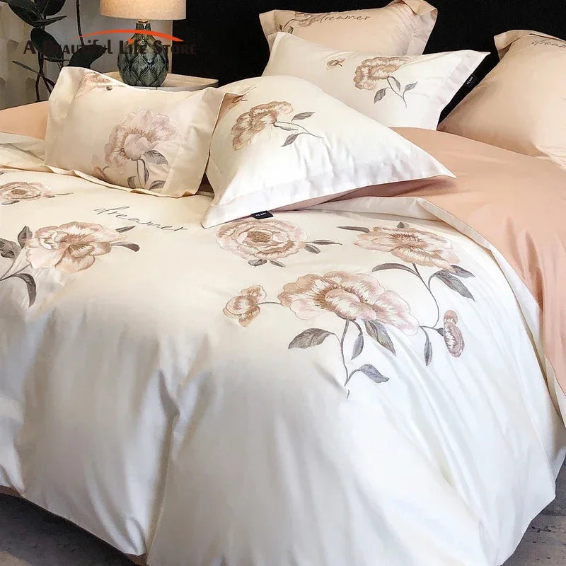 Afralia™ Flowers Embroidery Cotton Bedding Set Duvet Cover Flat Sheet Pillowcases 4Pcs