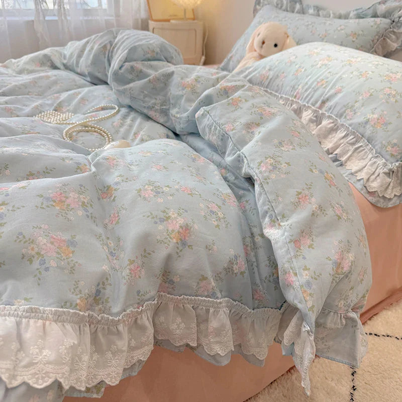 Afralia™ Floral Lace Ruffles Bedding Set in 100% Cotton, Korean Style, Single/Queen/King Size
