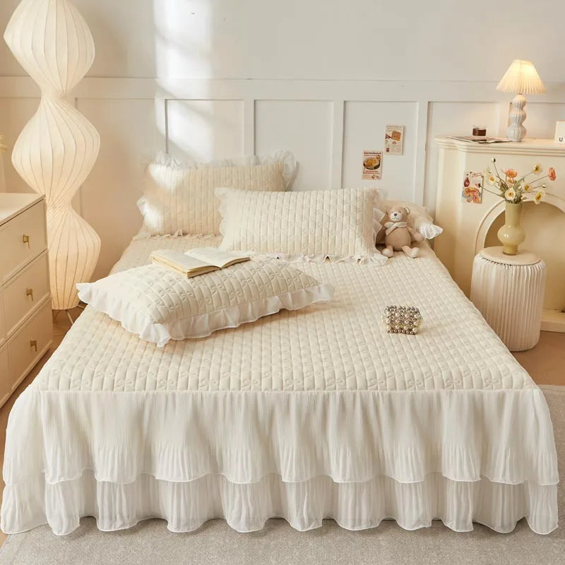 Afralia™ Lace Ruffles Cooling Bed Skirt Set with Pillowcases