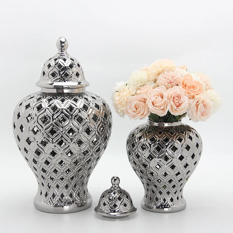 Afralia™ Vintage Hollow Ginger Jar Candy Jar Gold Silver Art Vase Decoration