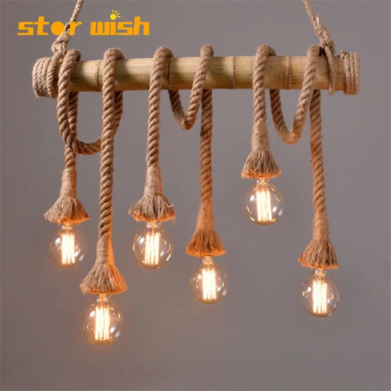 Afralia™ Bamboo Hemp Rope Pendant Lights | Retro Restaurant Bar Decor Hanging Lamps